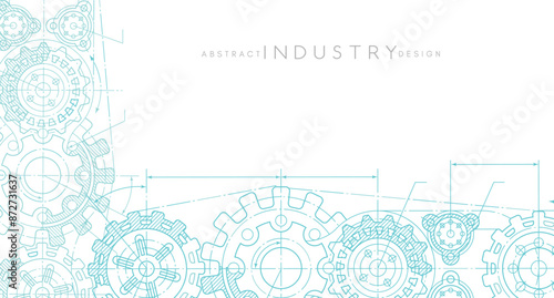 Engineering industrial background from technical drawing elements. Horizontal light blue banner for engenering, industrial, technology or automation conceptual design.