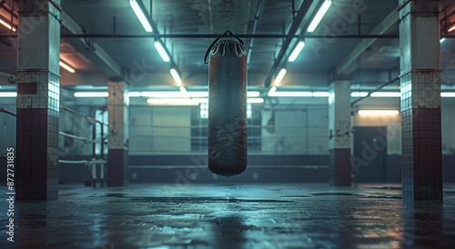 Empty Boxing Gym With Suspended Punching Bag and Sunlight Streaming Through W...