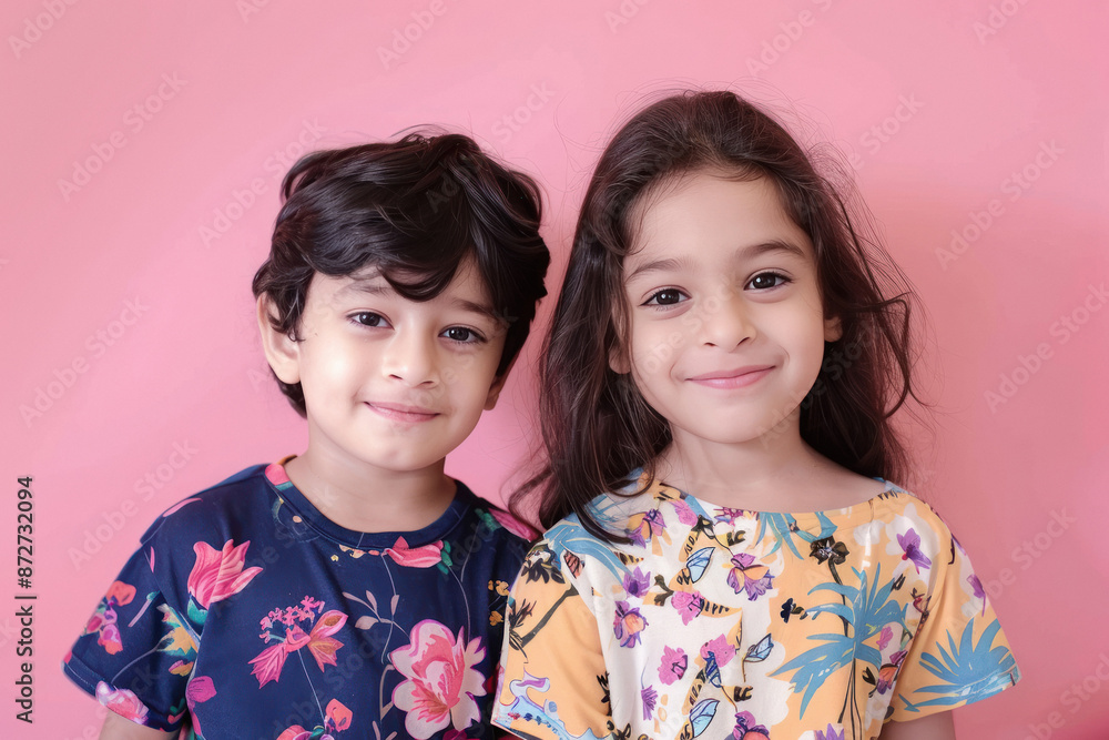 Little Boy Wearing summer print T-shirt and Girl in Summer Top Little Boy Wearing summer print T-shirt and Girl in Summer Top