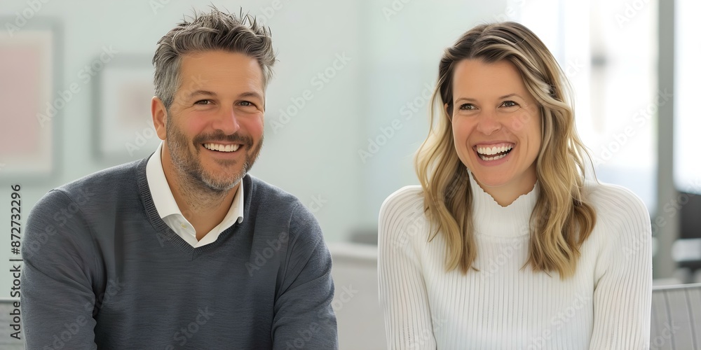 A casual happy business meeting between a man and a woman. Concept Casual Business Meeting, Man and Woman, Smiling Faces, Positive Interaction A casual happy business meeting between a man and a woman. Concept Casual Business Meeting, Man and Woman, Smiling Faces, Positive Interaction