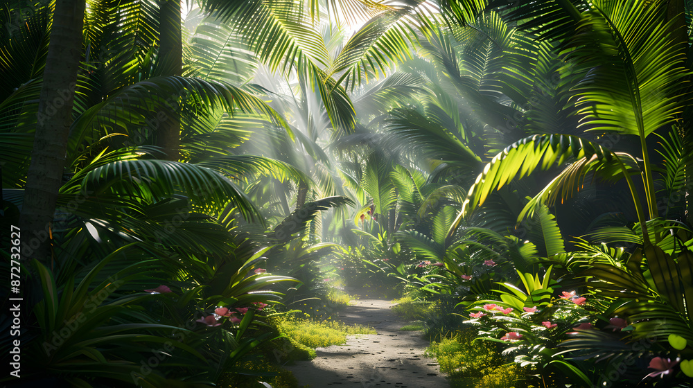 A lush green jungle with a path through it A lush green jungle with a path through it