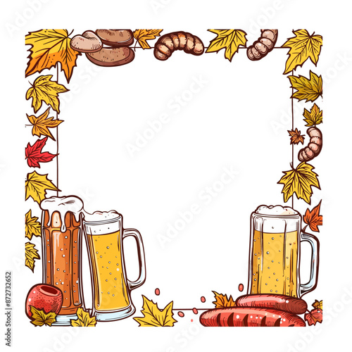 Cozy Autumn Still Life: Framed Beer, Sausages, and Colorful Fall Leaves