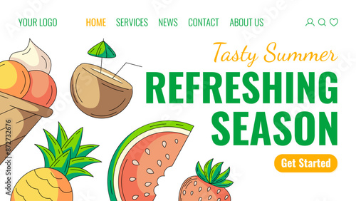 Summer beach tasty food, fruit, cocktail landing page. Ice cream, watermelon, coconut drink, pineapple, strawberry. Vector web template for website, homepage, banner. Summertime, refreshing season