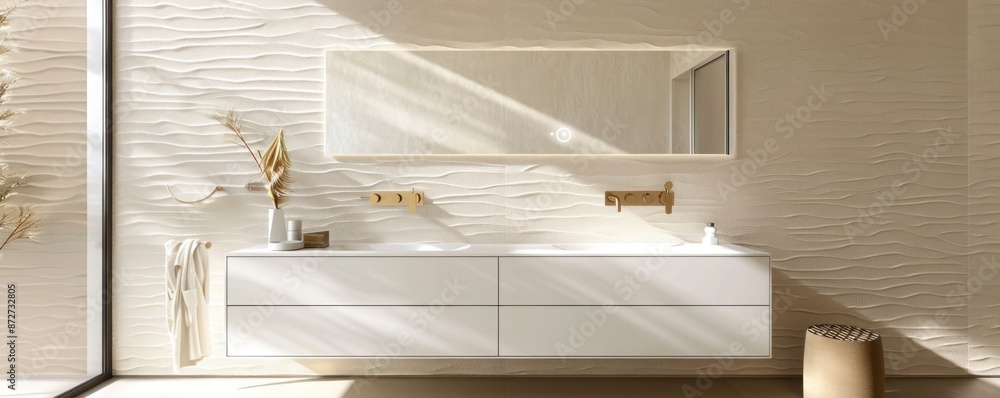 Elegant minimalist bathroom with a textured ceramic wall, featuring a floating vanity and a frameless mirror Elegant minimalist bathroom with a textured ceramic wall, featuring a floating vanity and a frameless mirror