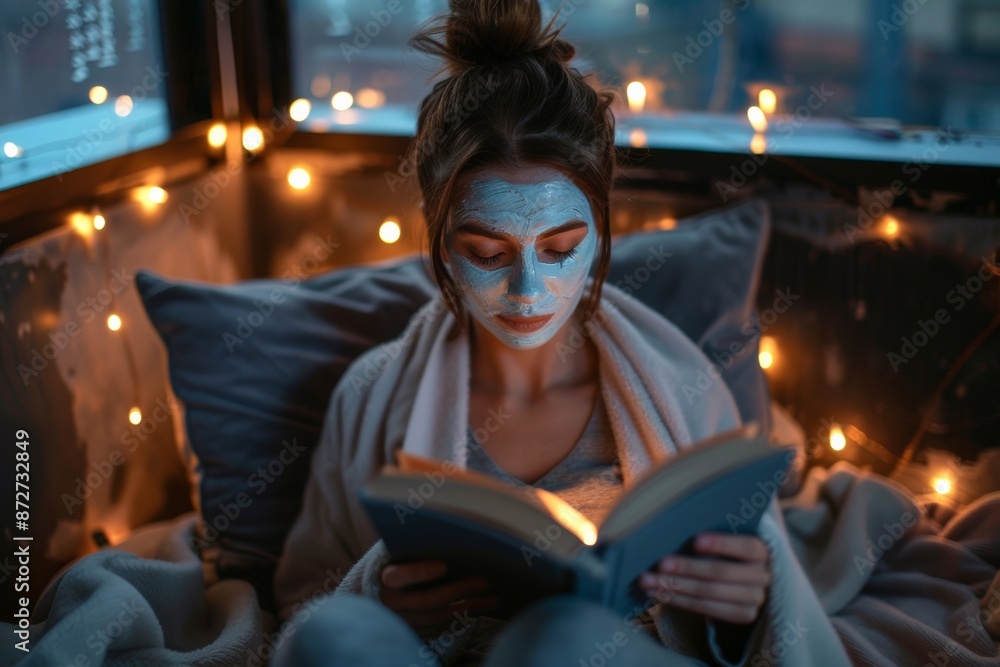 Capture the essence of a cozy evening at home with a young woman, her face adorned with a beauty mask, lost in the pages of a book. Capture the essence of a cozy evening at home with a young woman, her face adorned with a beauty mask, lost in the pages of a book.