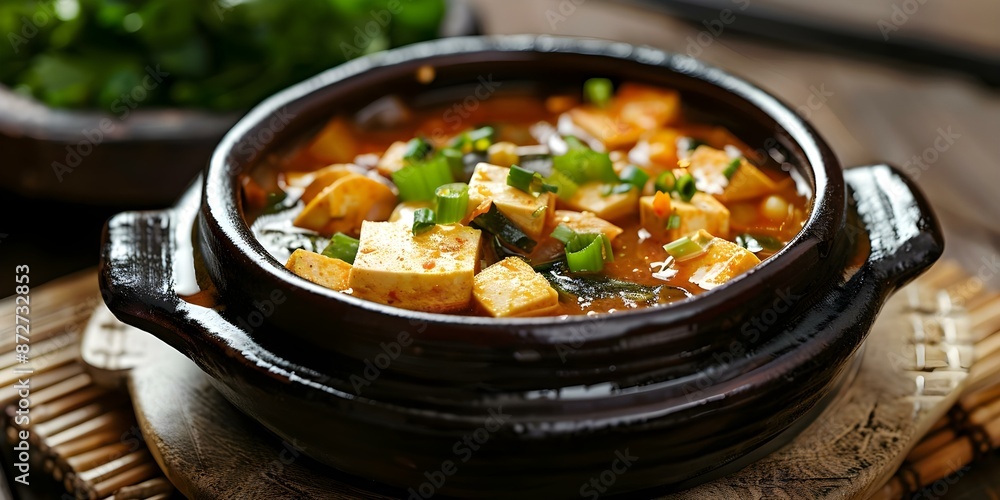 Authentic Korean Doenjang Jjigae with Tofu and Vegetables Cooked in a Clay Pot. Concept Korean Cuisine, Doenjang Jjigae Recipe, Tofu and Vegetables, Korean Clay Pot Cooking, Authentic Korean Cooking Authentic Korean Doenjang Jjigae with Tofu and Vegetables Cooked in a Clay Pot. Concept Korean Cuisine, Doenjang Jjigae Recipe, Tofu and Vegetables, Korean Clay Pot Cooking, Authentic Korean Cooking