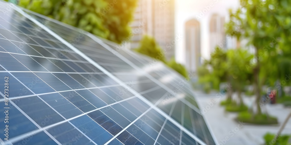 Fototapeta premium Sustainable Community Design Treelined Streets and Solar Panels for Environmental Conservation. Concept Urban Planning, Sustainable Architecture, Community Development, Environmental Conservation
