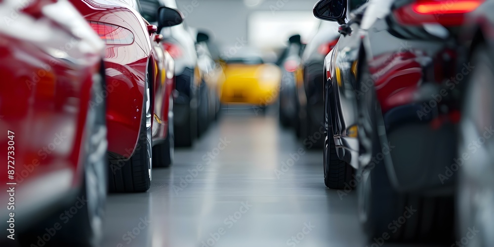 Car showroom featuring a variety of car brands in the parking lot. Concept Car Showroom, Variety of Brands, Parking Lot Display