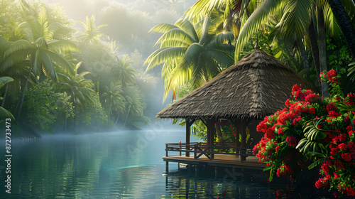 Wallpaper Mural A tropical island with a small hut and a boat on the water Torontodigital.ca