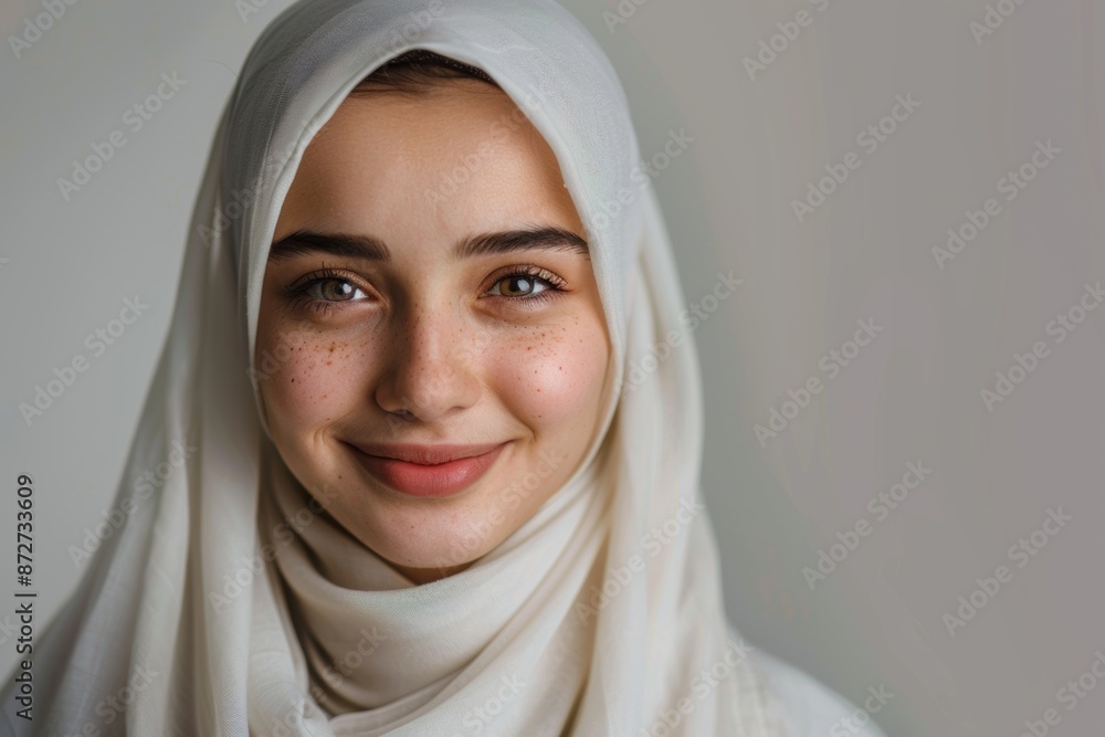 Captured in a studio, a young woman with a charming smile adorns a white hijab, embodying grace and sophistication. Witness her magnetic presence. Captured in a studio, a young woman with a charming smile adorns a white hijab, embodying grace and sophistication. Witness her magnetic presence.