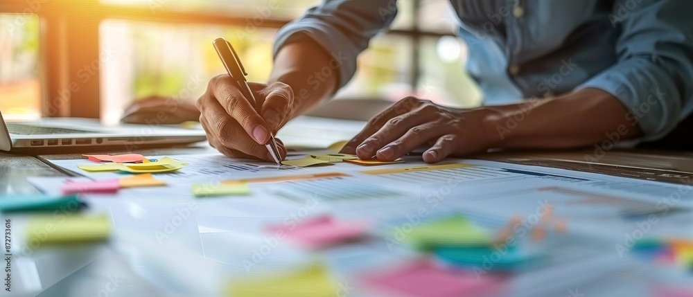 Obraz premium project manager working on project plan or mindmap using sticky notes and mindboard, project management and strategic planing concept