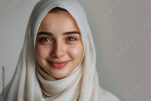 Captured in a studio, a young woman with a charming smile adorns a white hijab, embodying grace and sophistication. Witness her magnetic presence. © Piyaphorn