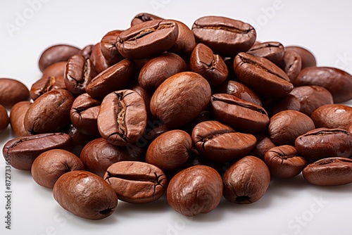 High quality coffee beans against a flawless white backdrop for optimal search visibility photo