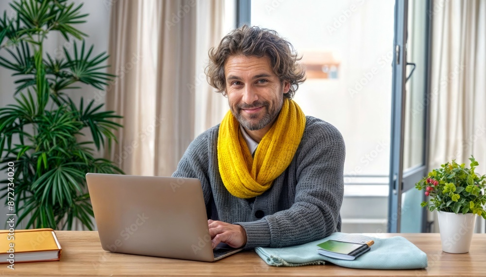 Man Smiling with Laptop in Cozy Home Office Man Smiling with Laptop in Cozy Home Office