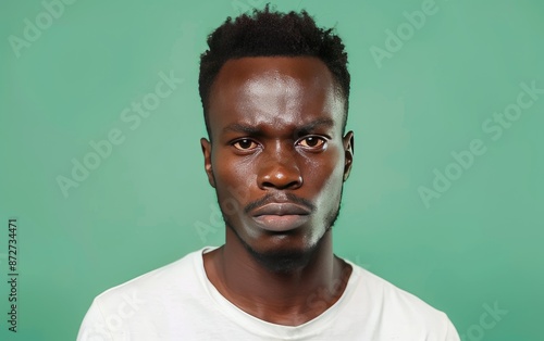 African man with a serious expression, isolated on green background, JPG Portrait image. © Junaid