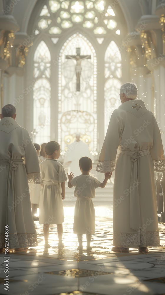 Children and priests in a beautiful cathedral with stained glass windows, creating a serene and spiritual atmosphere. Children and priests in a beautiful cathedral with stained glass windows, creating a serene and spiritual atmosphere.