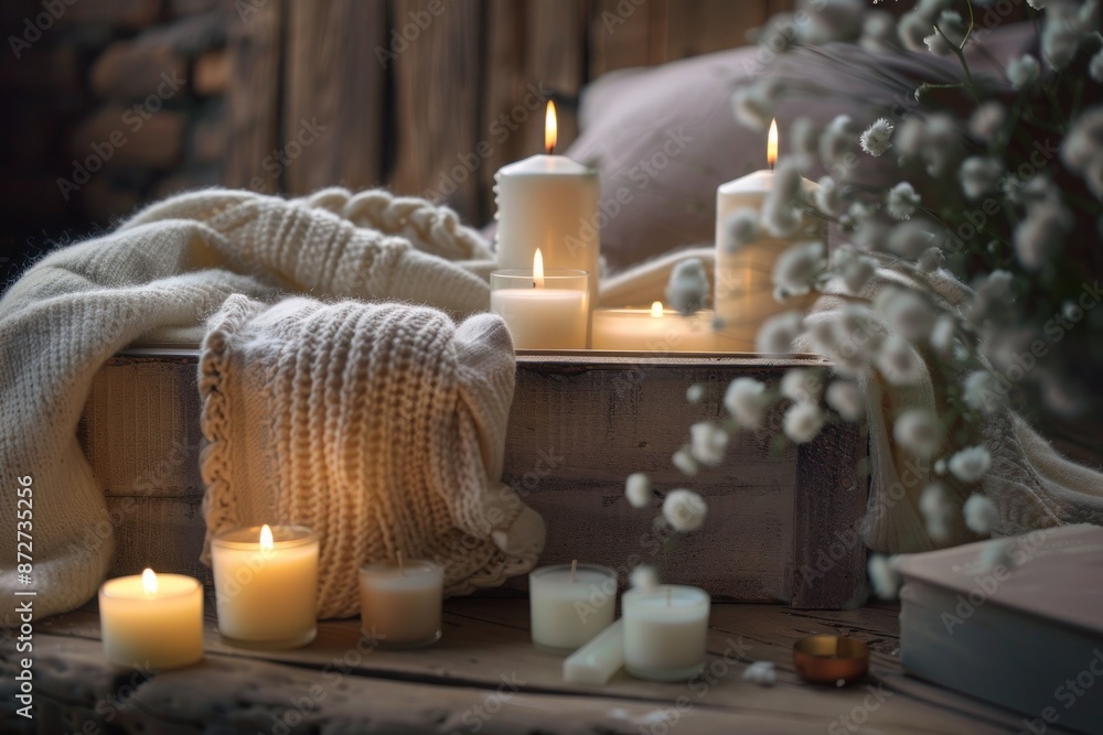 Elegant bereavement gift box with a soft blanket and soothing candles, in a peaceful setting. Elegant bereavement gift box with a soft blanket and soothing candles, in a peaceful setting.