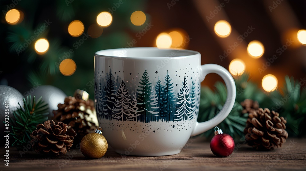 Fototapeta premium Winter, Christmas, New Year decorations composition, concept, background, Mug, cup of tea, cofee, Christmas mood, Christmas greeting card.