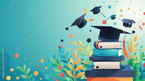 Stacked books with graduation caps flying in the air, set against a colorful background with foliage, representing academic success and celebration.