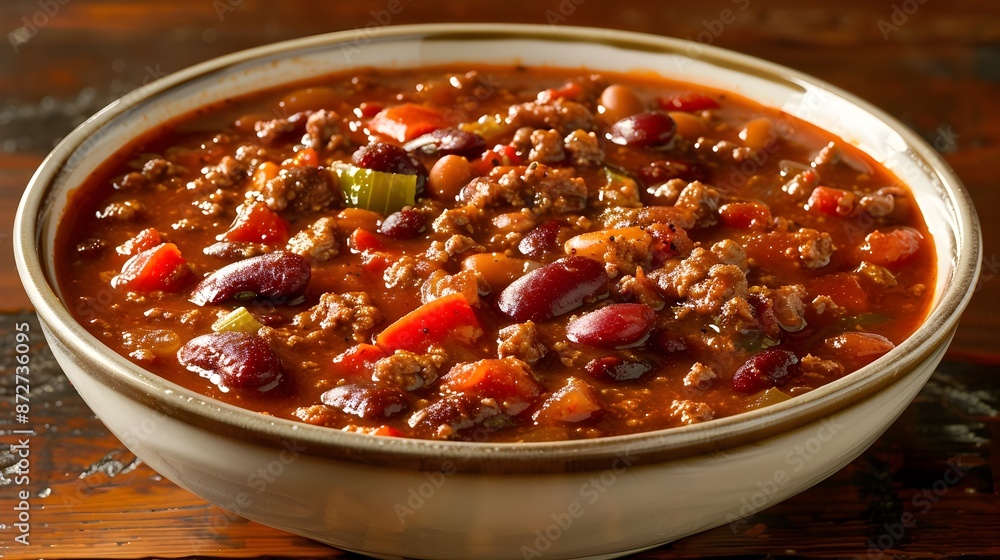 A Hearty Bowl of Comforting Chili with Beans,Meat,and Spices A Hearty Bowl of Comforting Chili with Beans,Meat,and Spices