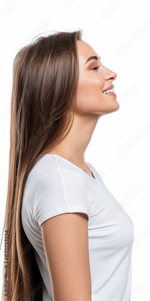 Side profile of a smiling woman with long hair wearing a white t-shirt, isolated on a white background. Side profile of a smiling woman with long hair wearing a white t-shirt, isolated on a white background.