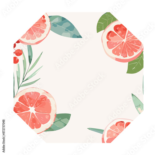 illustrations of grapefruit slices and leaves arranged in a circular frame on a pale background