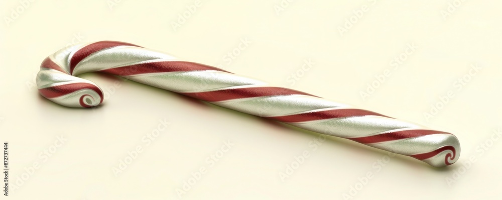 Fototapeta premium A silver and red striped candy cane ornament, isolated on a pale yellow background.