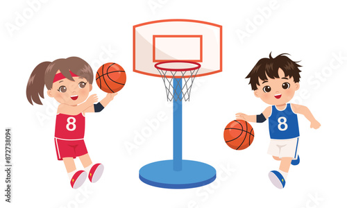 Cute boy and girl playing basketball clipart