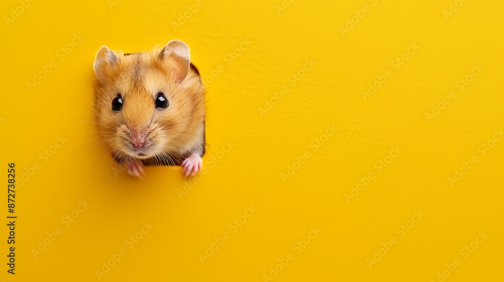 Cute hamster peeking out of a hole in a vibrant yellow background. Minimalistic style image. Use for pet care themes. Great for nature-related content and educational purposes. AI Cute hamster peeking out of a hole in a vibrant yellow background. Minimalistic style image. Use for pet care themes. Great for nature-related content and educational purposes. AI