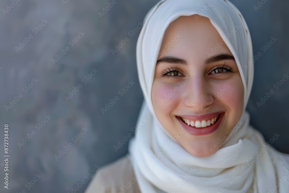 Radiating positivity, a smiling young woman wears a white hijab in a studio portrait, her joyful expression lighting up the frame. Radiating positivity, a smiling young woman wears a white hijab in a studio portrait, her joyful expression lighting up the frame.