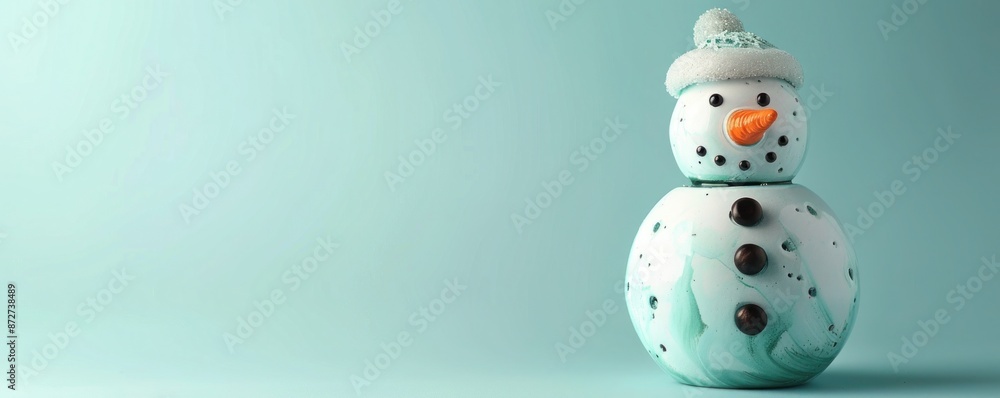 A playful snowman ornament with a carrot nose and coal buttons, isolated on a pale blue background. A playful snowman ornament with a carrot nose and coal buttons, isolated on a pale blue background.