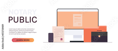 Notary workplace and sealed document legal trust, laptop signing, legalization documents horizontal concept flat vector illustration.	
