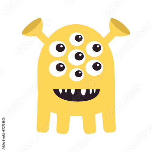 Cute yellow monster standing. Happy Halloween. Monsters silhouette icon. Many eyes, smiling face, horns. Cartoon kawaii funny character. Childish style. Flat design. Isolated. White background. Vector