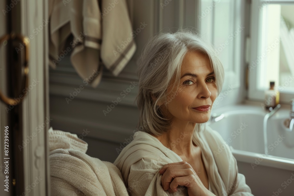 With grace and elegance, a mature grey-haired woman sits in her bathroom, indulging in her skincare routine, radiating beauty and confidence. With grace and elegance, a mature grey-haired woman sits in her bathroom, indulging in her skincare routine, radiating beauty and confidence.