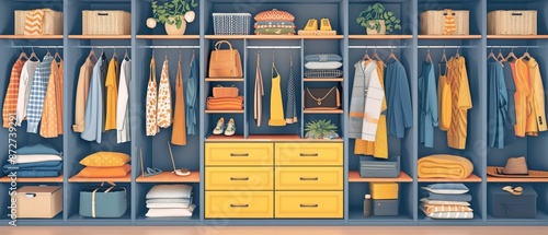 Nicely organised women's wardrobe filled with colourful clothes, cozy bedroom wardrobe. Female closet organization concept. Design for textile, interior