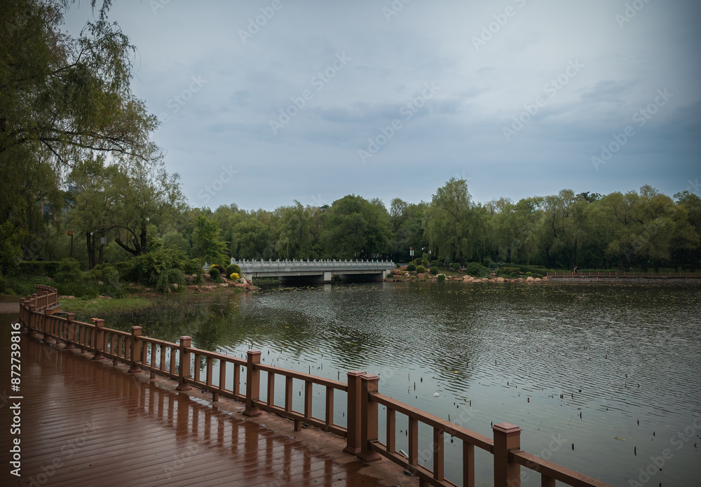 Fototapeta premium Beautiful scenery of the lake on a rainy day, Changchun, China