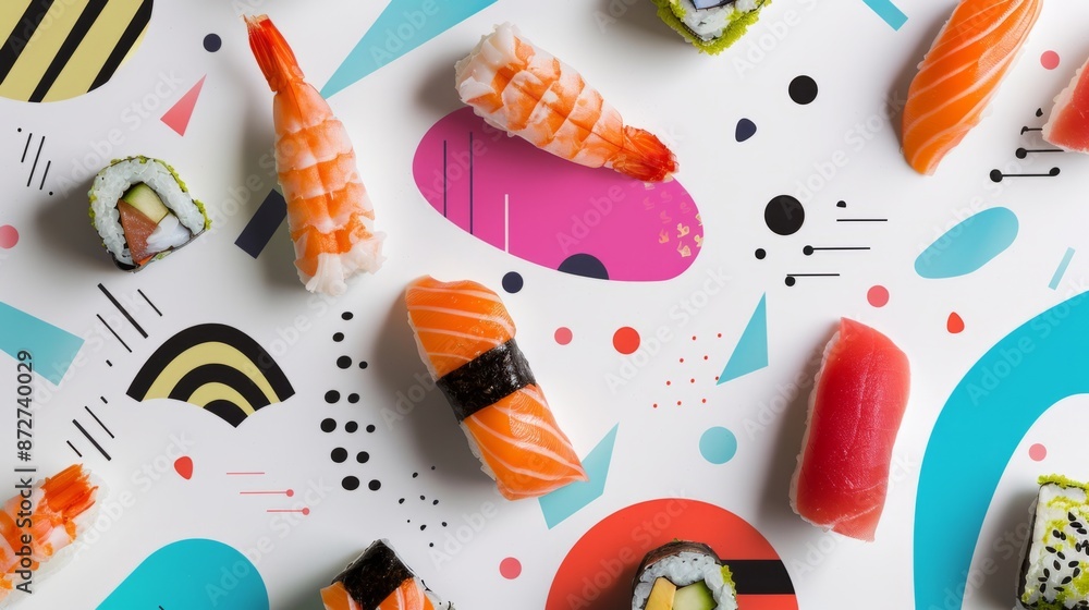 Assorted Sushi Rolls and Nigiri on White Background With Geometric Shapes Assorted Sushi Rolls and Nigiri on White Background With Geometric Shapes