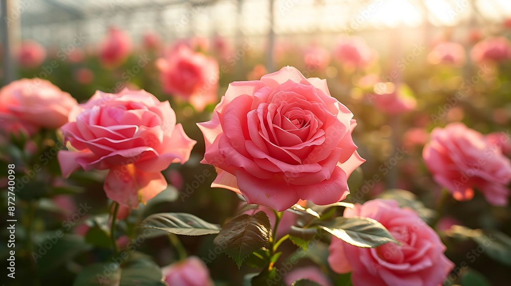 Field of pink roses flowers production under a greenhouse Field of pink roses flowers production under a greenhouse