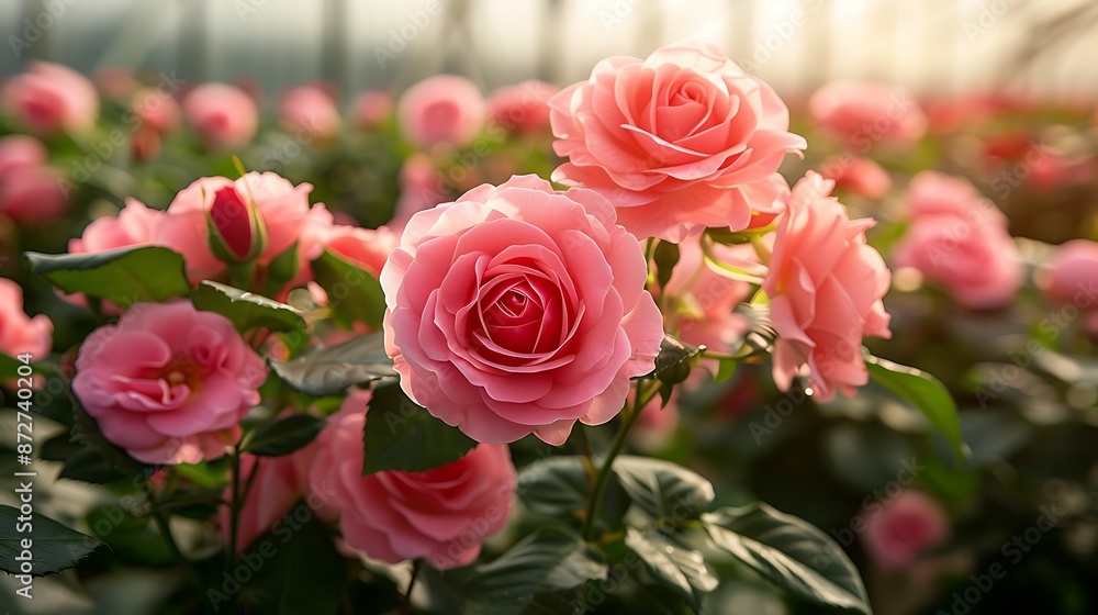 Field of pink roses flowers production under a greenhouse Field of pink roses flowers production under a greenhouse