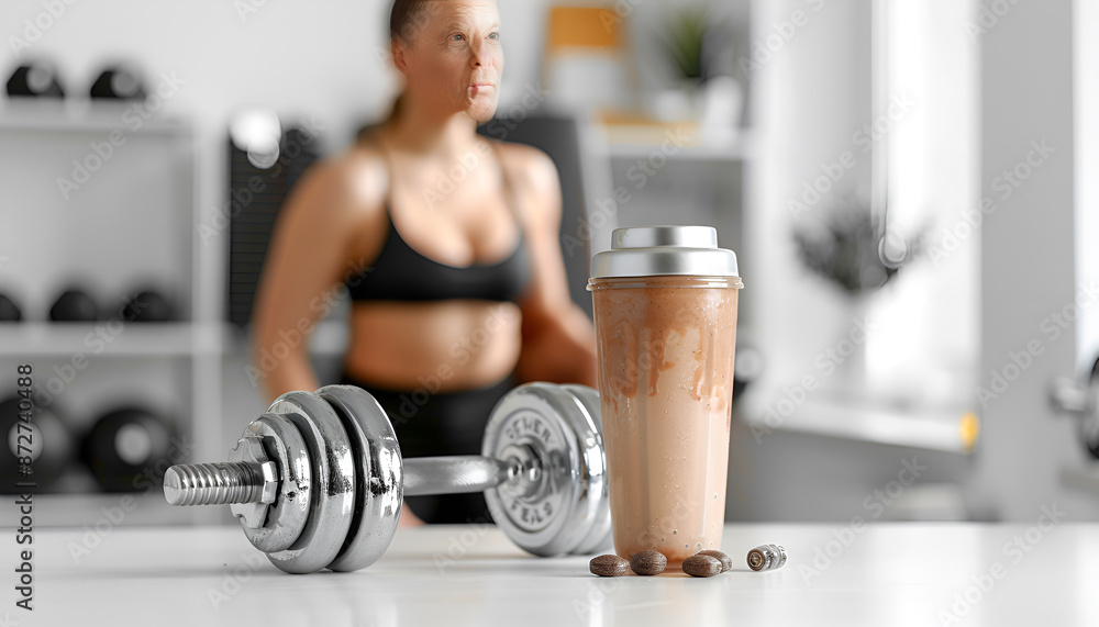Naklejka premium Composition with metal dumbbell, protein shake and blurred woman on background