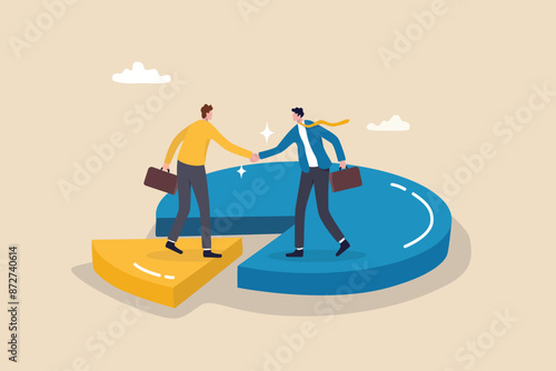 Shareholder or stakeholders, sharing benefit or merger and acquisition, partnership or collaboration, marketshare or agreement concept, businessman handshaking on pie chart to share profit together.