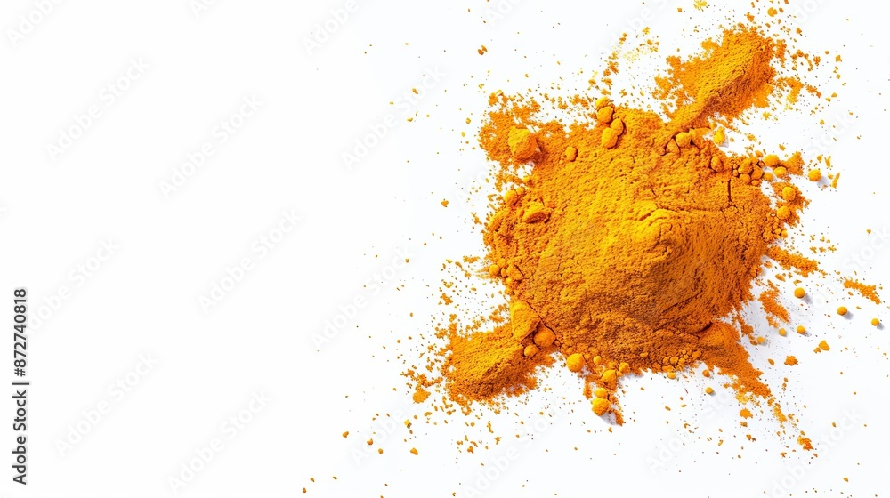 Turmeric powder on white background. Top view. Copy space. Turmeric powder on white background. Top view. Copy space.