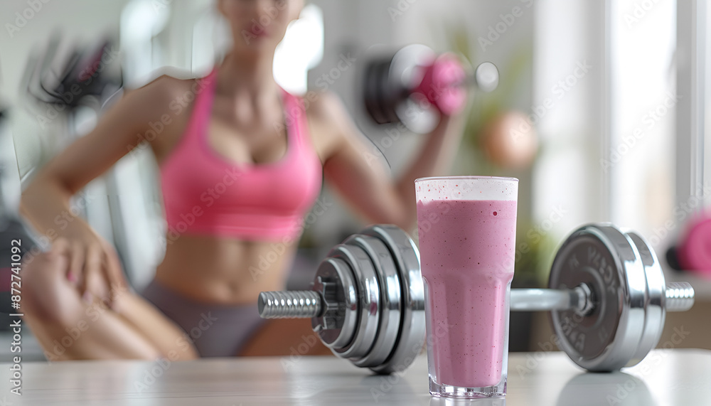 Composition with metal dumbbell, protein shake and blurred woman on background Composition with metal dumbbell, protein shake and blurred woman on background