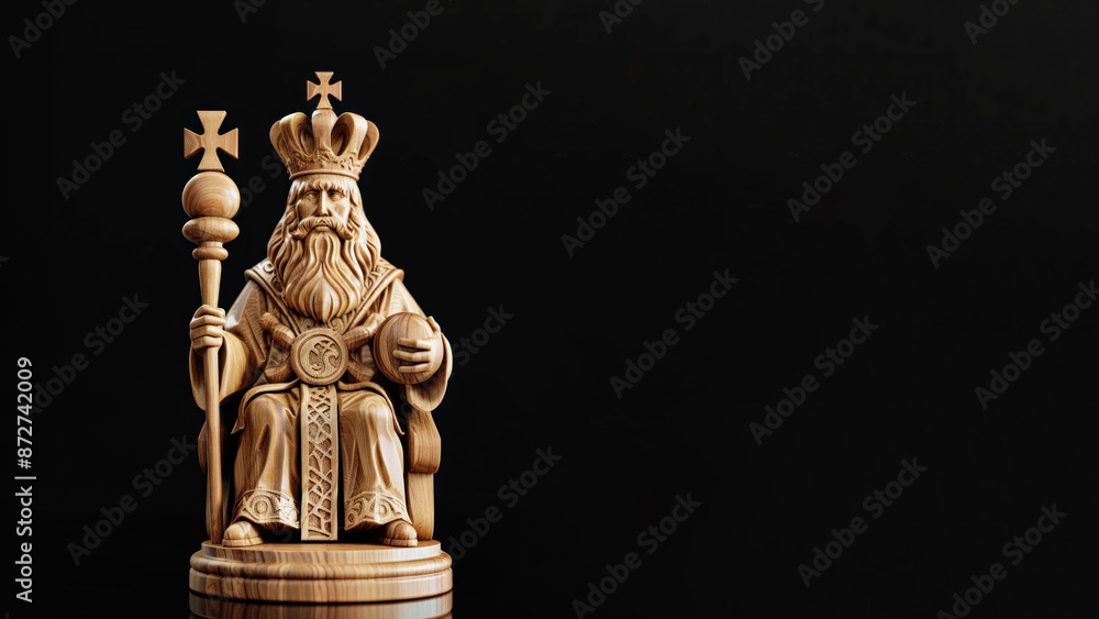 Majestic Wooden King Chess Piece on Black Background - Symbolizing Leadership and Strategy - Generative AI Majestic Wooden King Chess Piece on Black Background - Symbolizing Leadership and Strategy - Generative AI