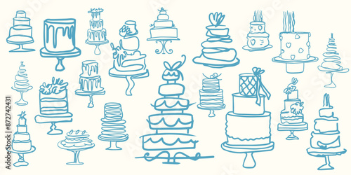 Vector isolated hand drawn sketch of trending wedding and birthday cakes with floral and bows decoration on a white background. Holiday dessert in vintage style. For menu and cards.
