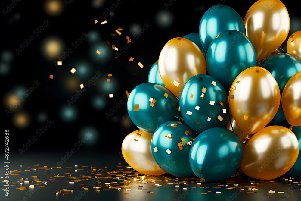 Colorful balloons float on right of the image. On a blank dark wall. There is small pieces of paper scattered in the picture. Suitable for use as a background during celebrations or happy festivals. Colorful balloons float on right of the image. On a blank dark wall. There is small pieces of paper scattered in the picture. Suitable for use as a background during celebrations or happy festivals.