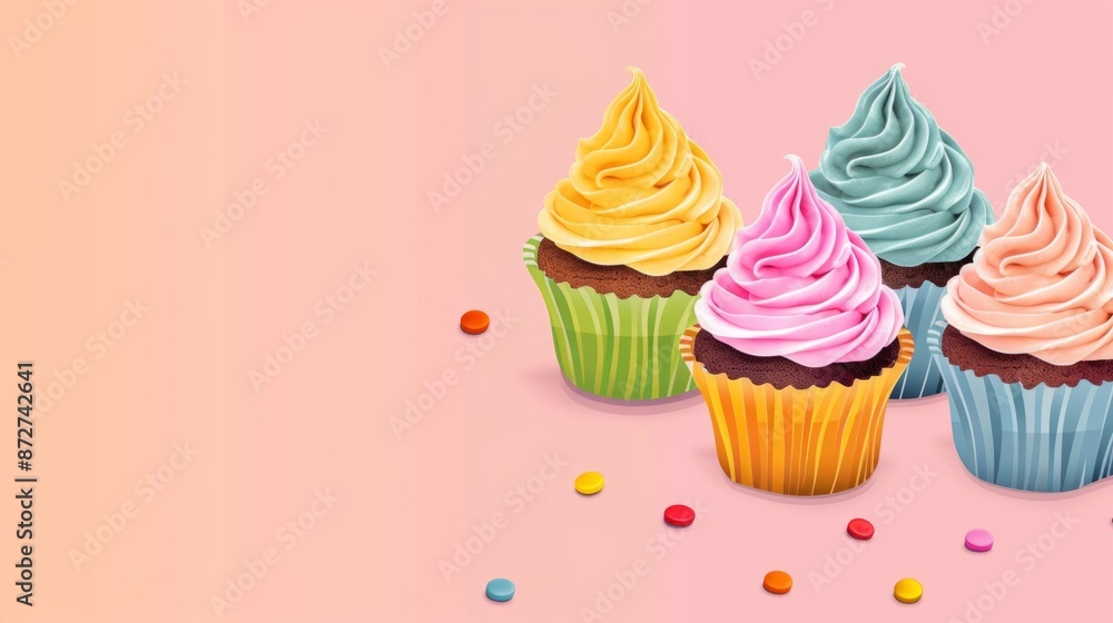 Colorful Cupcakes on Pink Background, copy space Colorful Cupcakes on Pink Background, copy space