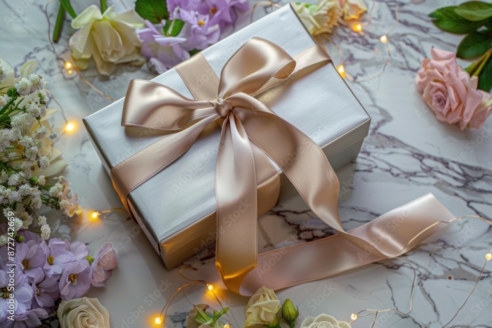 A beautifully wrapped gift box with a satin ribbon, sitting on a marble countertop surrounded by flowers and fairy lights. A beautifully wrapped gift box with a satin ribbon, sitting on a marble countertop surrounded by flowers and fairy lights.