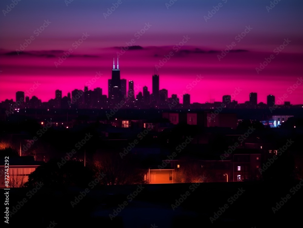Fototapeta premium Mesmerizing Neon-Lit City Skyline at Dusk with Compressed Perspectives and Iconic Landmarks