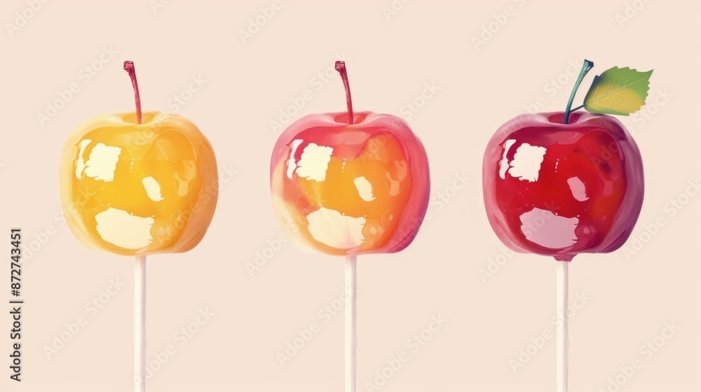 Obraz premium Three Candy Apples On Sticks Against A White Background
